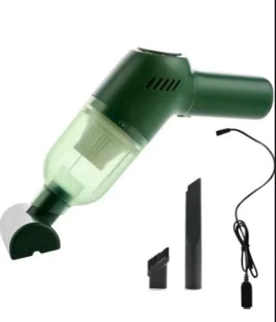 Compact portable vacuum cleaner for pet hair with multiple attachments and USB charging cable for versatile cleaning of furniture, carpets, and car interiors.