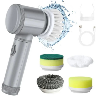 Portable rechargeable multifunctional cleaning brush with interchangeable heads for various surfaces and tasks
