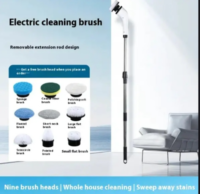 Electric cleaning brush with nine interchangeable heads and removable extension rod for versatile, effortless cleaning of various surfaces.