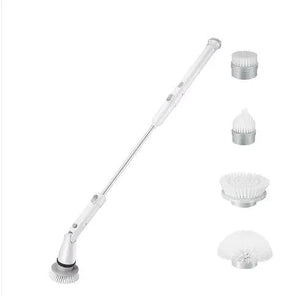 Cordless electric cleaning brush with extendable handle and four interchangeable brush heads for versatile cleaning tasks
