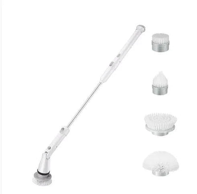 Cordless electric cleaning brush with extendable handle and four interchangeable brush heads for versatile cleaning tasks